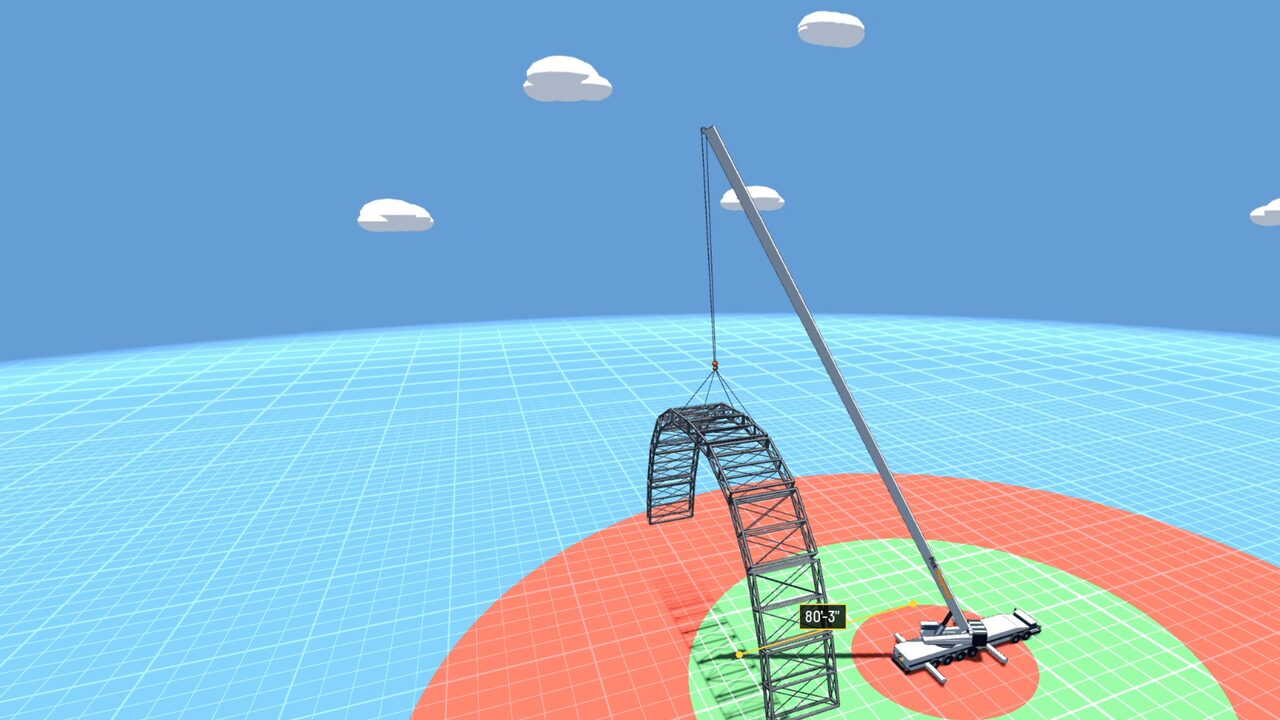 A lattice arch hanging from the crane hook over the radius rings