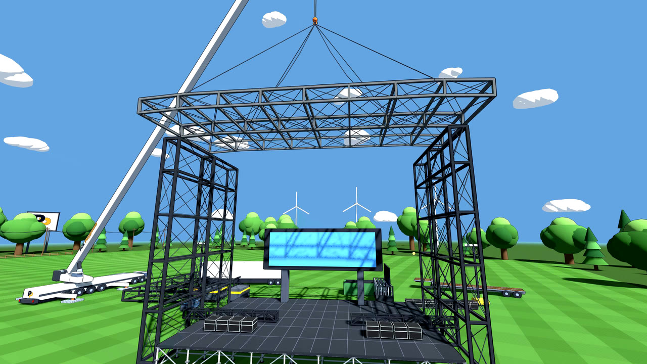 A stage roof truss hanging from the crane hook over two tower sections