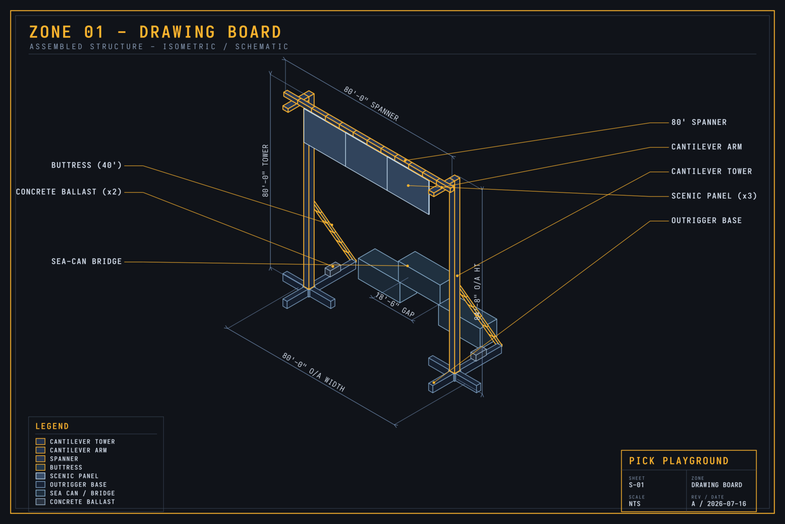 Zone 01 - Drawing Board assembled-structure isometric blueprint
